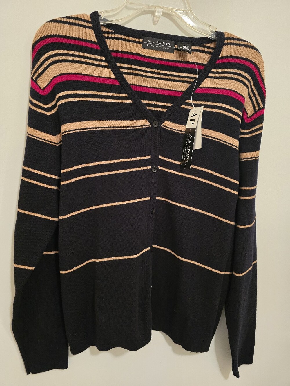 Black Striped V-Neck Cardigan - Black Red And Tan Large